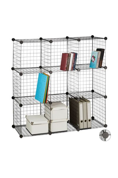 Relaxdays modular shelf, 9 compartments, metal, black, 110x36.5x110 cm