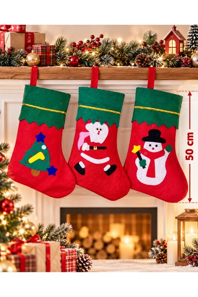 PARTİPORT Set of 3, 50 cm New Year's Gift Stockings – Felt New Year's Decorat...