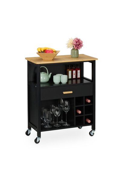 Relaxdays Kitchen Trolley with Wine Rack, Light Brown/Black, 80x35x65 cm