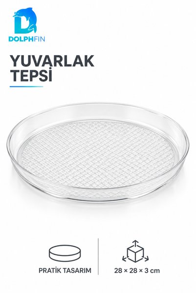 DolphFin Round Clear Tray, 28 cm, Checked PET Serving Tray