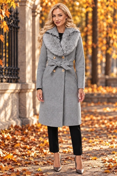 FashionForYou Palton midi de damă NALVIRA cu guler de blană artificială, cord...