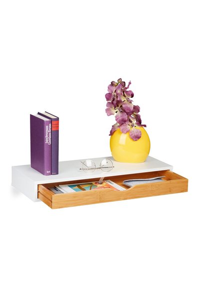 Relaxdays Wall Shelf, with Drawer, Made of Bamboo/MDF, 60 x 24 x 8 cm, Storag...