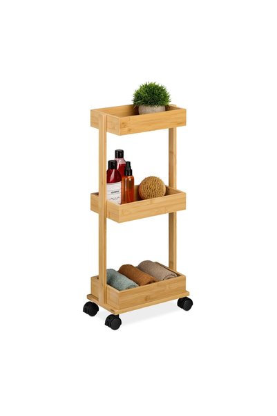 Relaxdays kitchen storage trolley, 3-tier, light brown, 71.5x18x31 cm