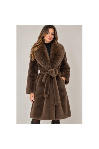 FeteRL Palton lung din blană artificială maro Elegancia