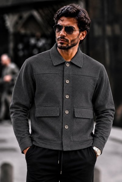 DAMGA JEANS Men’s Shirt Collar Button-Front Pocketed Charcoal Grey Jacket