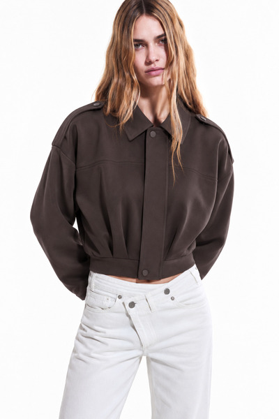 DAMGA JEANS Women's Oversized Shirt Collar Cropped Bomber Jacket in Brown