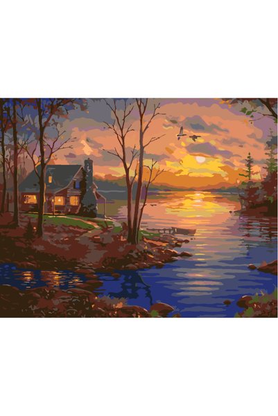 Painting-numbers Set pictura pe numere Apus si casuta la lac 3715, panza pe r...