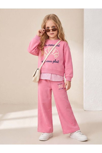 Zekids Girls' Croissant-Printed Shirt with Detailed Wide-Leg Sweatpants Set