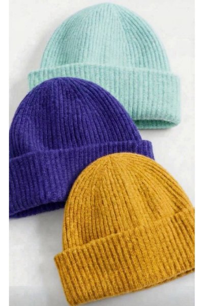 TNR SPORT Women's Fold-Over Baby Blue-Purple-Yellow 3-Piece Beanie Set