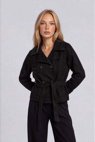Reji Mock Neck Suede Trench Coat with Buttons