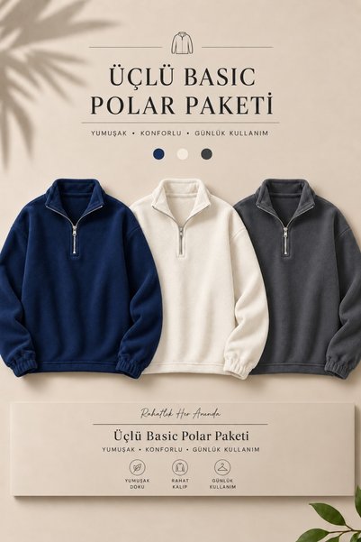 DAMGA JEANS 3 ανδρικά φούτερ από φλις με μισό φερμουάρ που κρατούν ζεστά