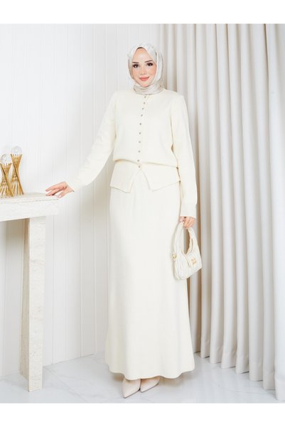 FATELLA Modest Knit Skirt Set for Women: Knit Short Jacket and Maxi Skirt Two...