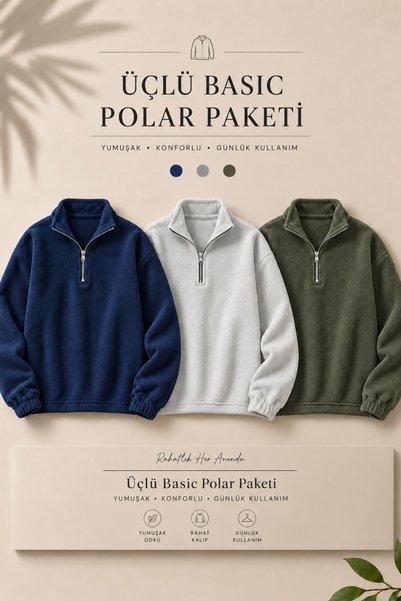 DAMGA JEANS 3 ανδρικά φούτερ από φλις με μισό φερμουάρ που κρατούν ζεστά