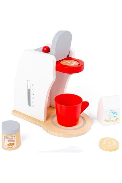 Toy Aparat de cafea din lemn cu accesorii într-o cutie, roșu și alb