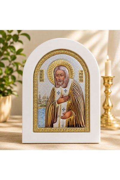 Bizanticons Art Icoană religioasă Sfântul Serafim din Sarov, Ramă albă, Detal...