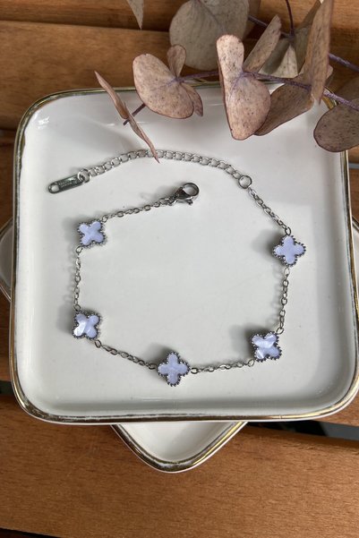 GUNESTAKI Steel White Mother-of-Pearl Mini Clover Bracelet, Silver