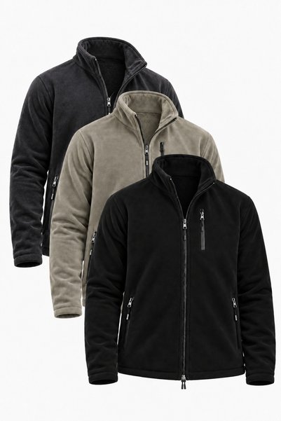 DAMGA JEANS 3 قطع، سترة رجالية سوداء من الصوف، بياقة عالية وسحاب كامل.