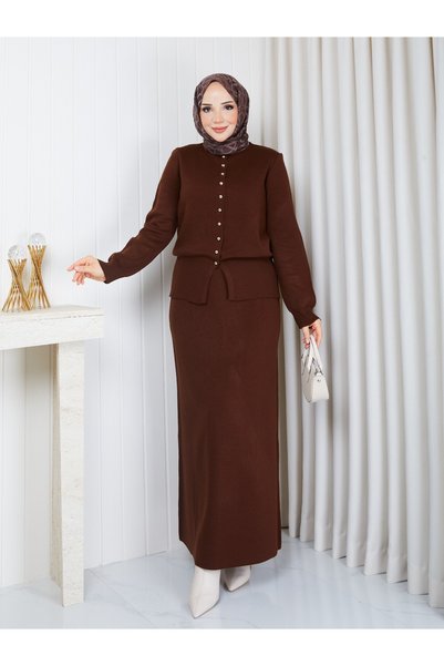 FATELLA Short Jacket and Maxi Skirt Modest Skirt Set for Women, Knit Button-D...
