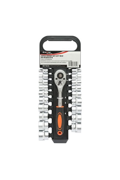 WISDOM Trusa chei tubulare, 3/8", metrice Cr-V, cu clichet reversibil, 20 pie...