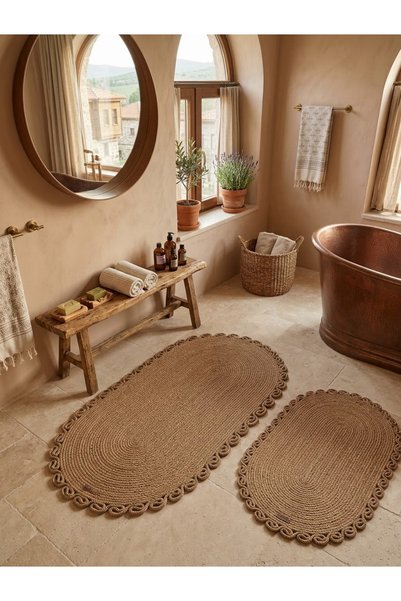 AZR HOME DESİGN Natural Jute Rope Woven 2-Piece Bath Mat Set (60x100, 50x70) ...
