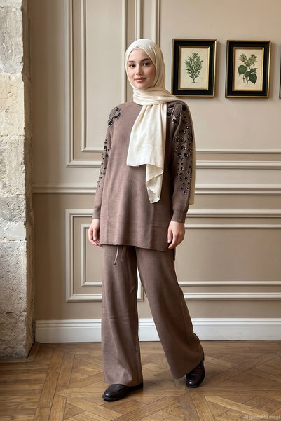 Levidor Knit Set with Beaded Details on the Shoulders and Sleeves, Includes P...