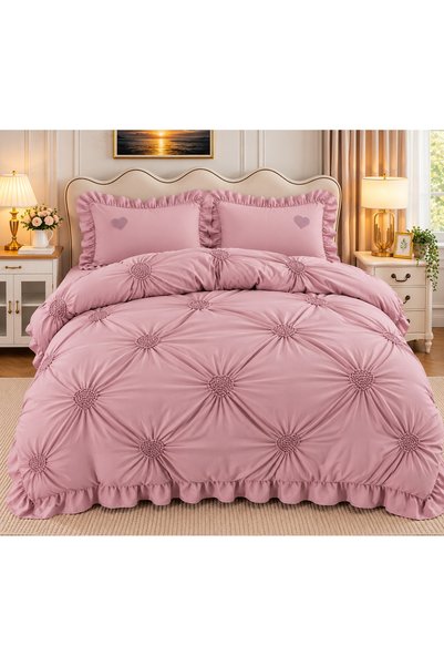 CHIRASO Set Lenjerie cu Volanase, Bumbac, 4 Piese Cearceaf Clasic 220x240, Hu...