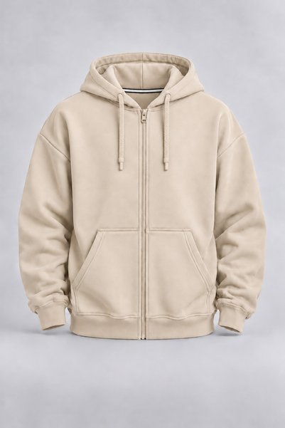 EVIus Unisex Beige Hooded Zip-Up Basic Cardigan, 3-Ply