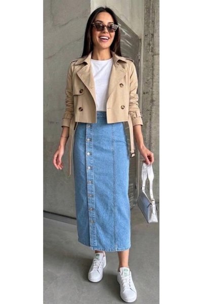 MODA تنورة جينز طويلة للنساء بأزرار أمامية