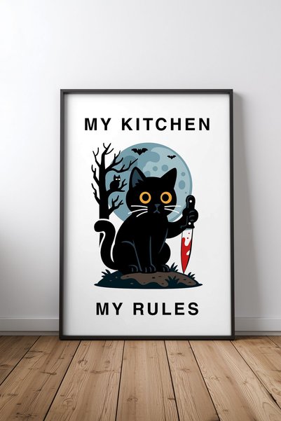 KEYFHOME Moja kuhinja, moja pravila - poster sa mačkom, slika na MDF-u sa crn...