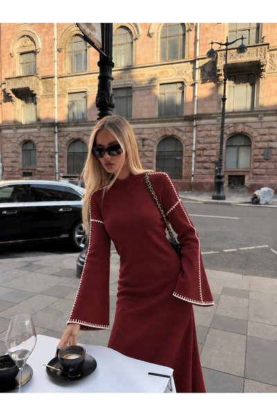 MARLİNG Burgundija španska duga pletena haljina sa detaljima kontrastnih šavova