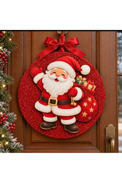 Yavuz Süs Glittery Wooden Embossed New Year's Door Decoration – Santa Claus D...