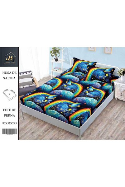 CasaDesteapta.ro Lenjerie de pat cu elastic pentru 2 persoane, imprimeu cosmi...