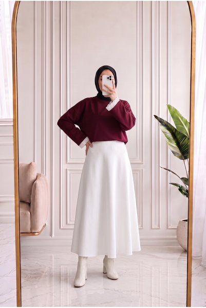 MİHRA STORE Ahugül Short Blouse with Lace Trim - SS13235 Burgundy