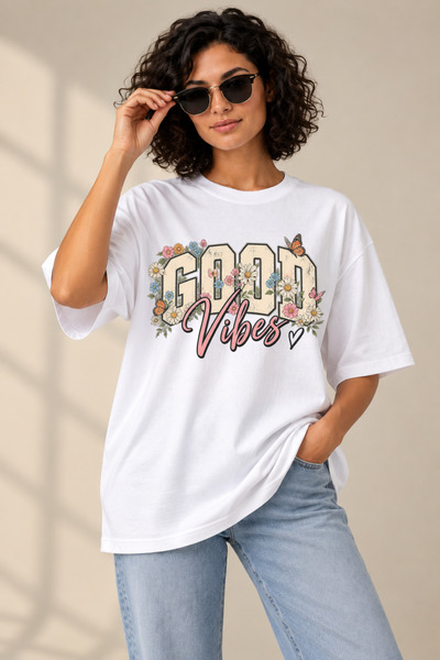 Çiçek Baskılı Kadın Siyah Oversize T-shirt - Yazılı Bol Kesim Bisiklet Yaka Pamuklu Tişört