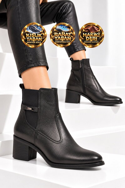 AYAKMOD Black Genuine Leather Zip-Up Women's Heeled Boots with Fleece-Lined I...