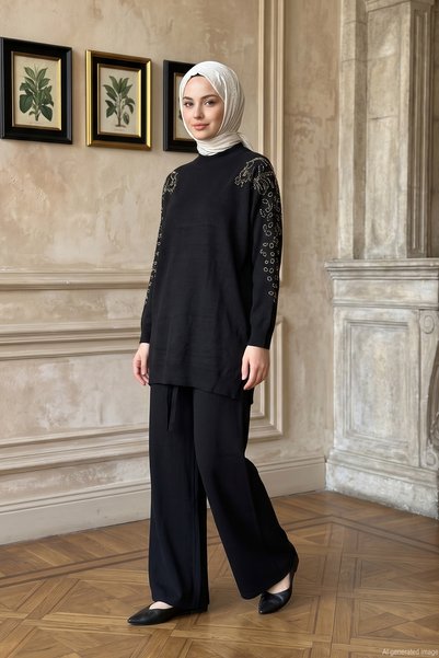 Levidor Knit Set with Beaded Shoulder and Sleeve Details and Pants 101063 Black