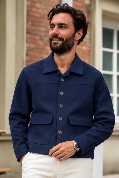 DAMGA JEANS Men's Navy Blue Transitional Melton Blazer with Pockets
