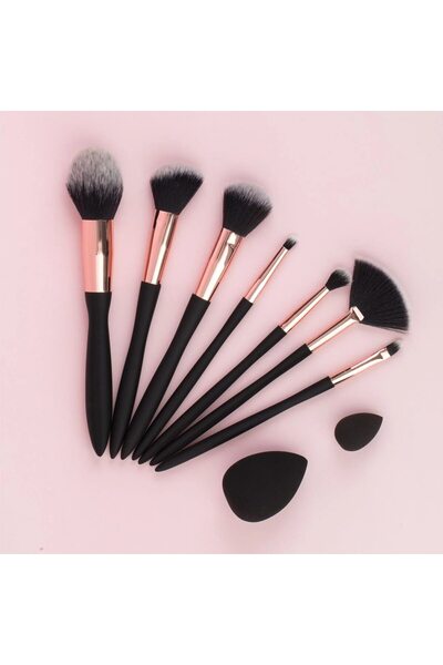 IRO Makeup Brush & Black Rose Gold Sponges Set for Face & Eyes - 9pcs