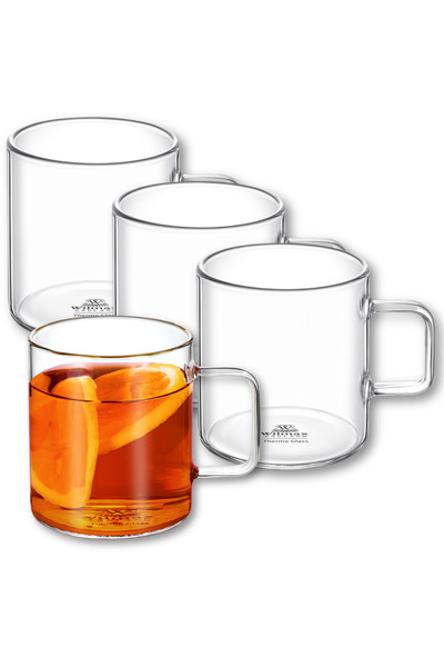 Wilmax Set 4 căni termo sticlă, 500 ml, pentru cafea, ceai, suc, Thermoglass