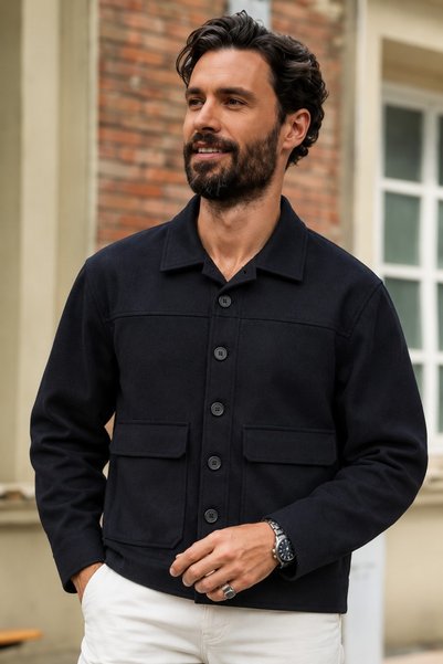 DAMGA JEANS Men's Black Transitional Melton Blazer with Pockets