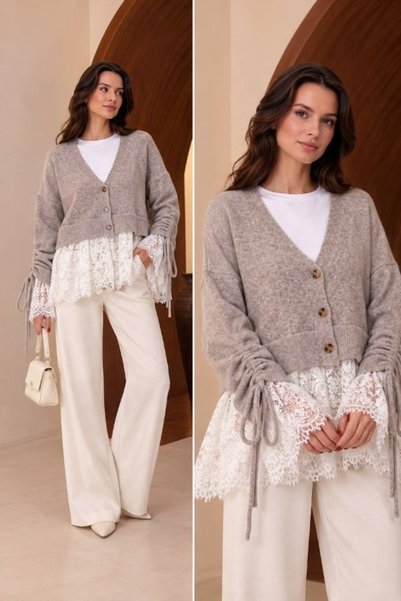 Top Step Knit Cardigan with Ruched Sleeves and Lace Details