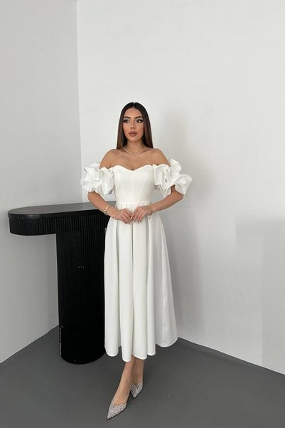 WeShaya ✨   White Balloon Sleeve Midi Evening Dress – Elegant and Stylish Eve...