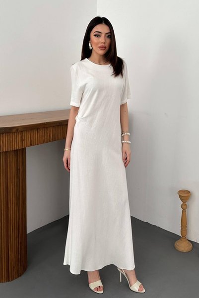 WeShaya Ecru Pleated Crew Neck Dress