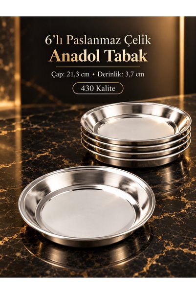 BİODATA Set of 6 Anadol Stainless Steel Plates, 21.3 cm, Grade 430, Round Ser...