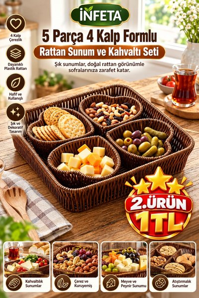 İnfeta 5-Piece 26x26 cm Plastic Rattan-Look Basket Breakfast and Snack Servin...