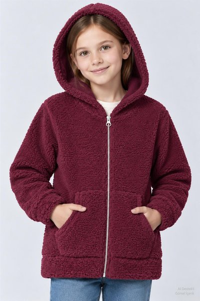 Perendi Unisex Kids' Hooded Curly Plush Cardigan