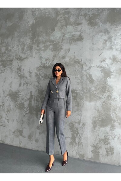 WeShaya Shanel Fabric Padded Shoulder Jacket and Trousers Two-Piece Set - Gray