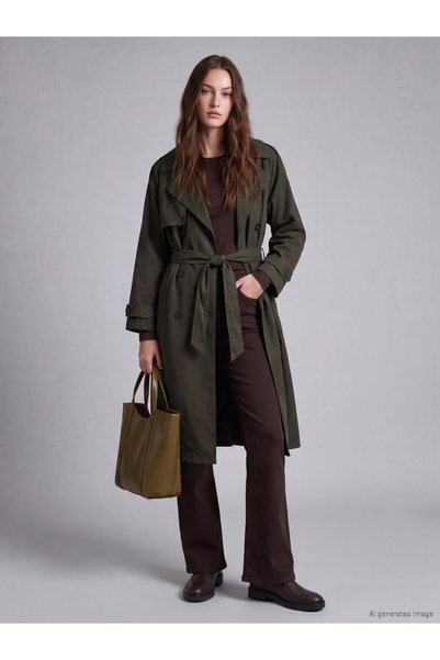 LC Waikiki Lcw Modest Khaki Belted Women's Gabardine Trench Coat