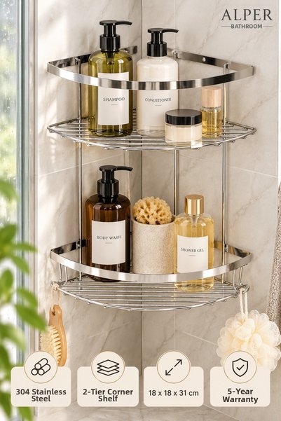 Alper Banyo 2-Tier Corner Bathroom Shampoo Holder, 304 Stainless Steel, Adhes...