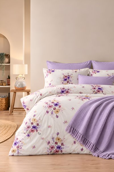 İQON Elastic Sheet Duvet Cover Set Single Size Bouquet Lilac